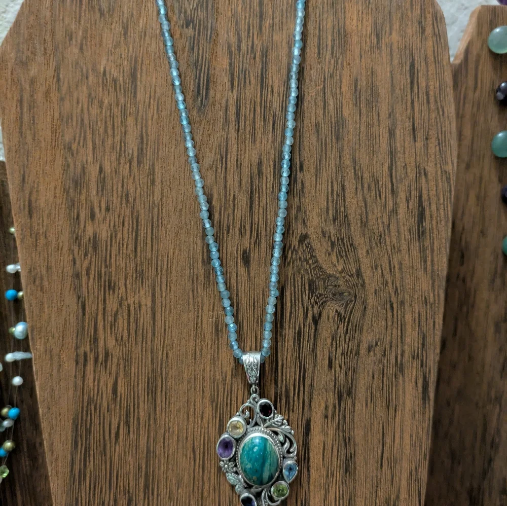 Sterling Silver Genuine Multi-Gemstone Pendant On A 20in Beaded Necklace - Picture 2 of 5